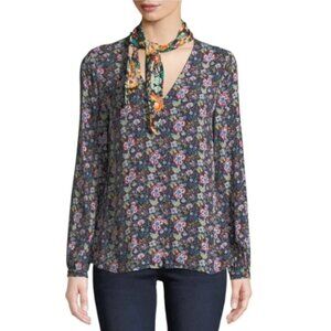 Frame • Open Scarf V-Neck Long-Sleeve Floral-Print Blouse